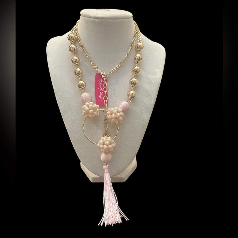 Lilly Pulitzer Gold CALIENTE Pink Threaded Ball/Crystals‎ withTassel Necklace
